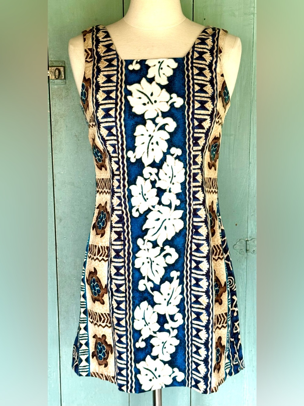 Rare VTG 90's Shannon Marie Hawaii Blue Turtle Barkcloth Mini LuauTiki Dress XS+